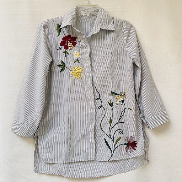 Womens Small Blue White Striped Floral Embroidered Button Front Shirt Boho Top - Picture 1 of 7